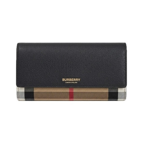 Burberry HALTON Leather Flap Check Long Wallet Black (Shopping Bag Included) 81216861667288