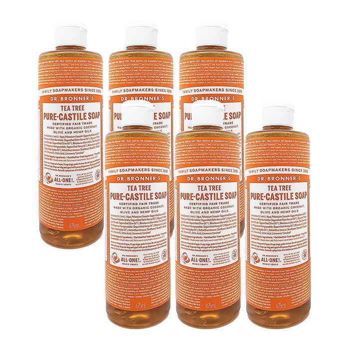 DoctorBronners Teetree Pure Castile Soap Wood Scent 475ml All-In-One Body Wash x6 Ss
