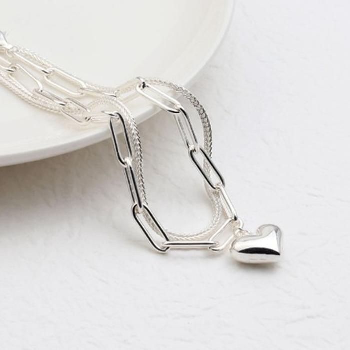 Athlete Chain Bracelet Silver 925 Two Rows Heart Layered Gift (38303297A)