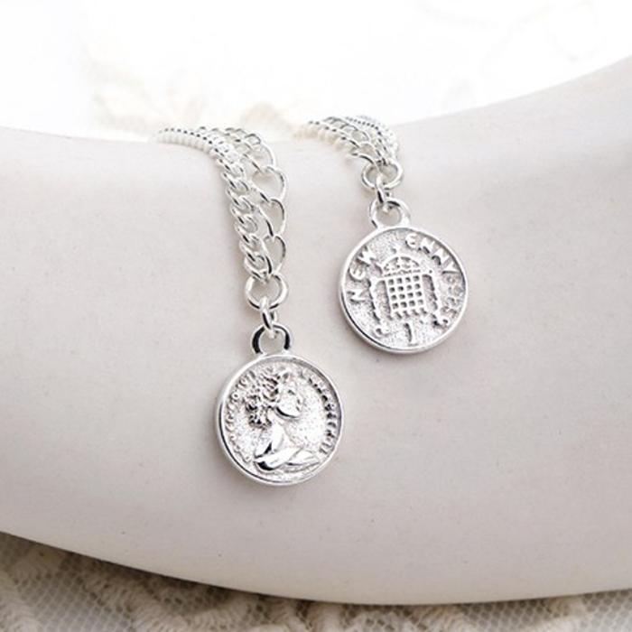 Athletic Silver Chain Bracelet 925 Two Rows Queen Coin Summer (38303302A)