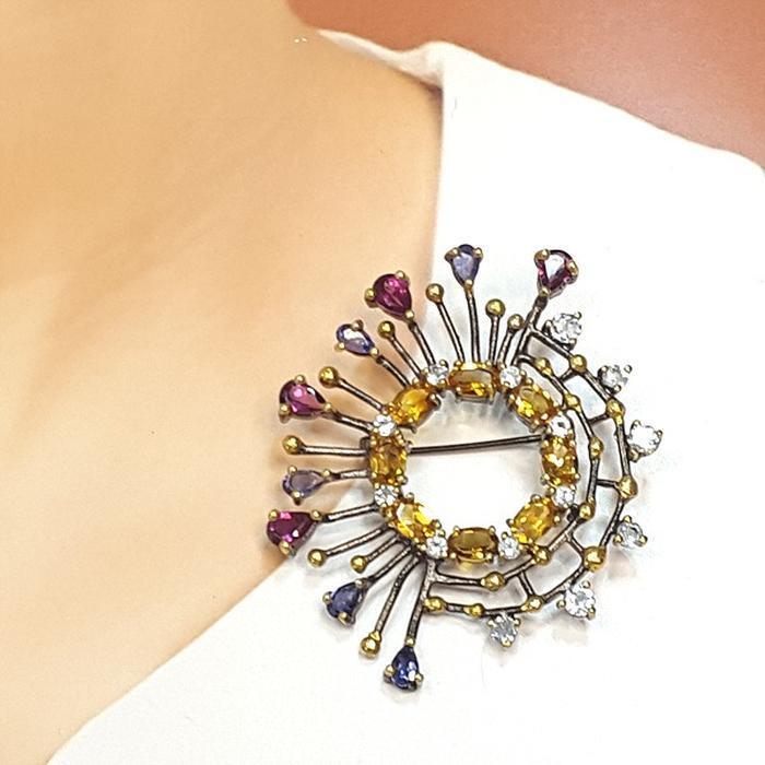 Bluekey AA-grade fancy sapphire mixed gem brooch 240903-21 (19050279A)