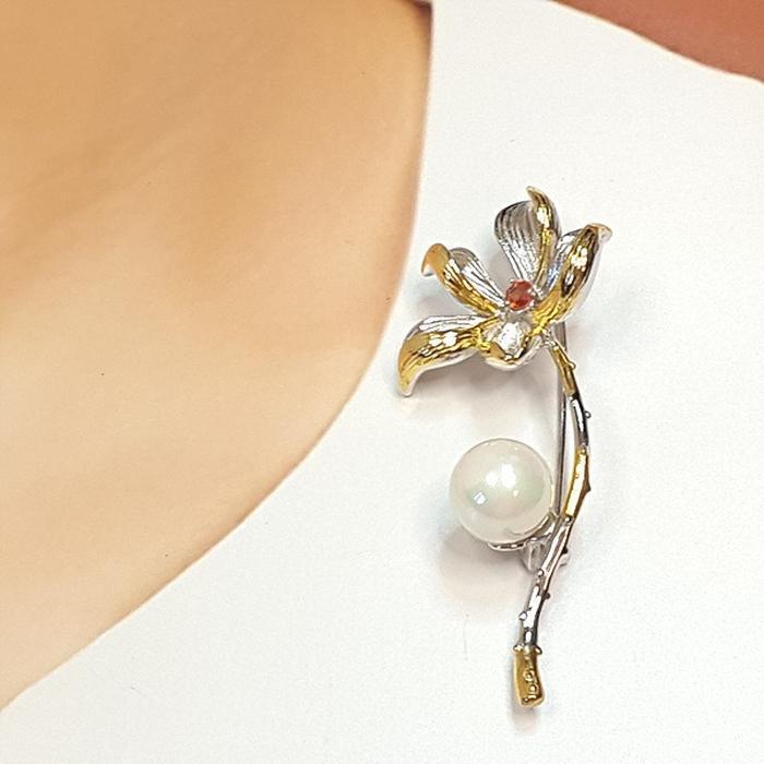Bluekey Silver925 Pearl Synthetic Stone Brooch 240903-07 (19050299A)