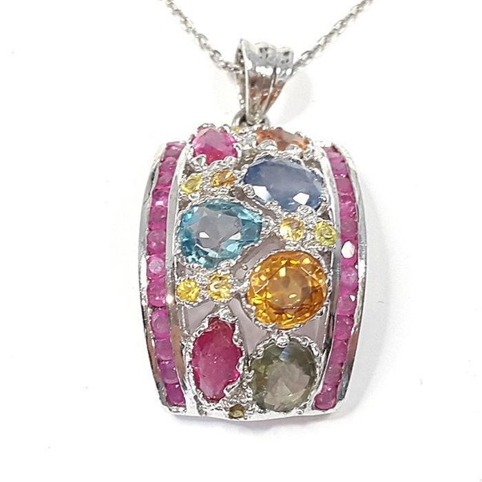 Bluekey AAA Ruby Sapphire Mixed Raw Gem Necklace 250404-17 (33095370A)