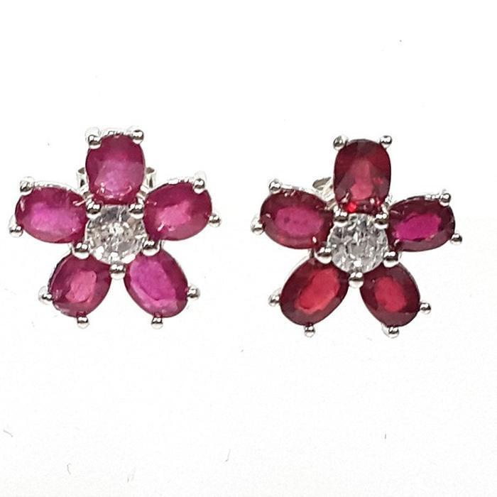 Bluekey A-grade Unbalanced Flower Ruby Diamond Earrings 250408-01 (33381719A)