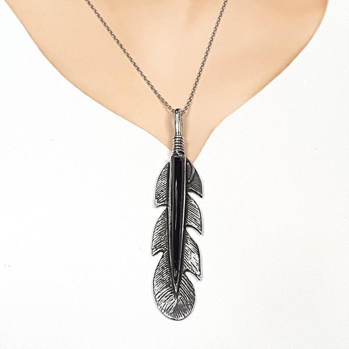 Bluekey Silver 925 Onyx Falling Leaves Necklace 250502-20 (33538188A)