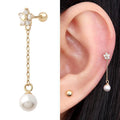 Miniature 14K Gold Flower Chain Drop Pearl Gold Piercing (10830406A)