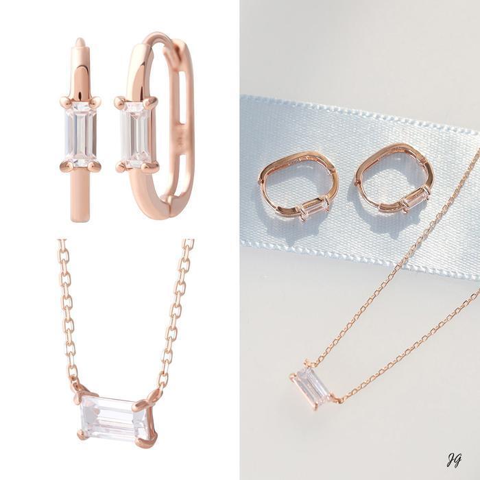Miniature 14K Square Cubic Touch-On-Ear Earring and Necklace Set (17676451A)