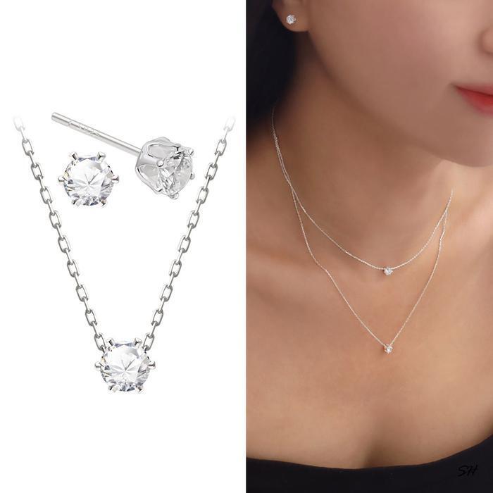 Miniature crystal cubic 6-prong set silver necklace and earphones set (21011925A)