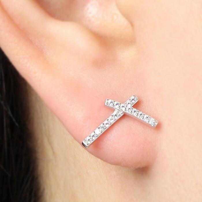 Raly Women Silver X Cross Cubic Earrings Straight Clutch (17782983)