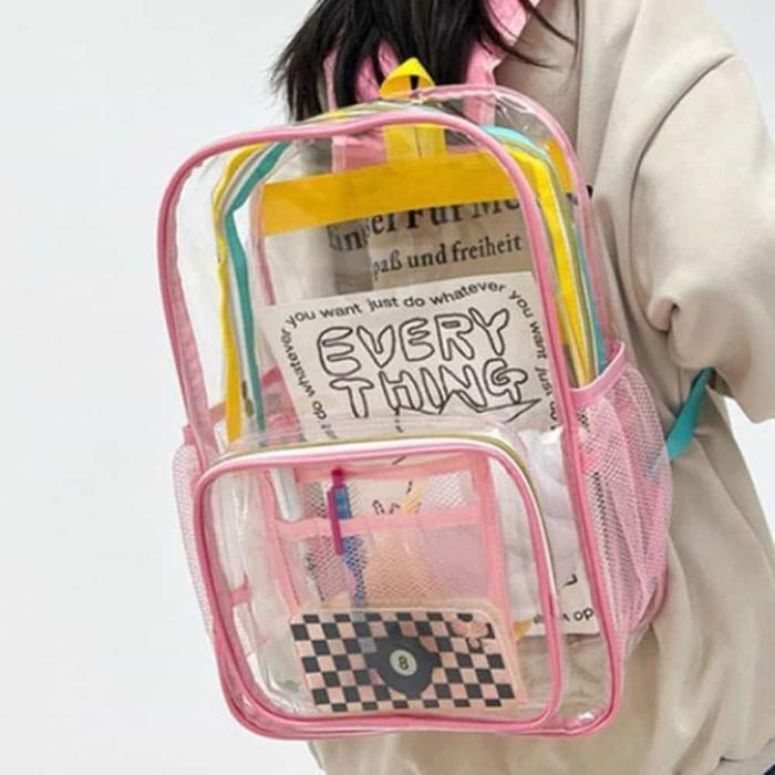 Peachy Pastel Transparent Vinyl Backpack Pink Transparent Bag High School Book (49585804)