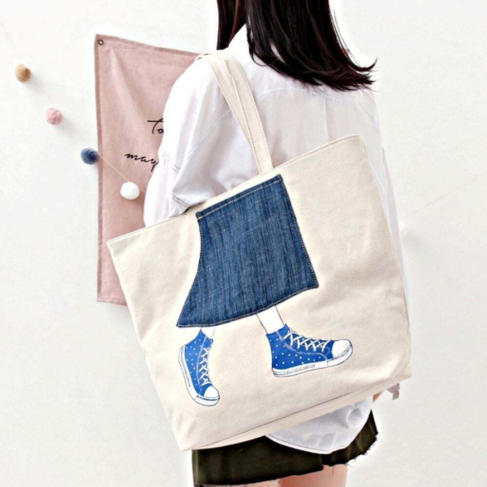 Style House Canvas Eco Bag Shoulder Bag with Illustration and Front Pocket