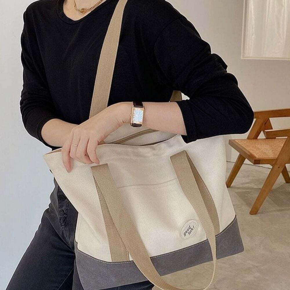 Eco-friendly canvas bag for women zip lightweight simple shoulder shopping bag
