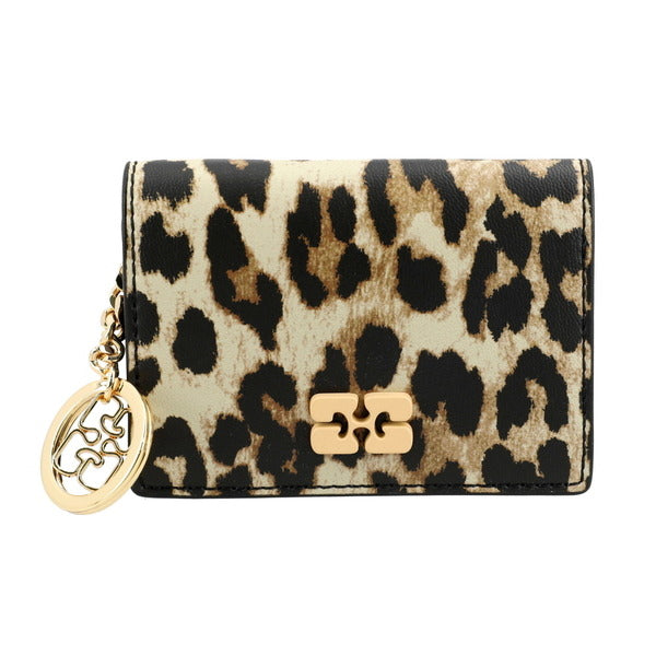 Ganni A6545 943 Leopard Print Logo Bow Flap Card Wallet