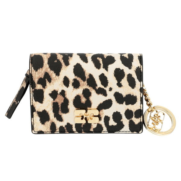 Ganni B3010075 859 leopard print logo bow flap card wallet