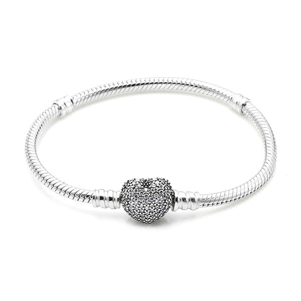 Pandora 590727CZ Moment Sparkling Pavé Heart Clutch Snake Chain Silver Bracelet