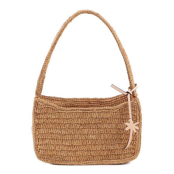 Manebi Woven Texture Raffia Shoulder Bag V8 9DP ISLANDPEACH