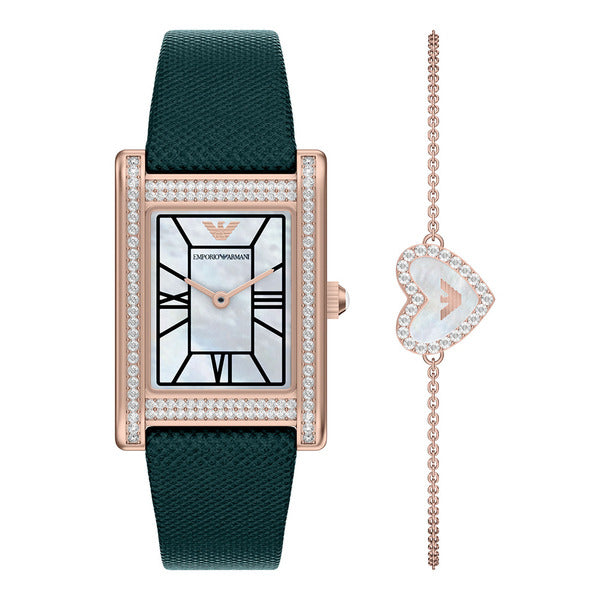 Armani AR80085SET (Genni) Jenni mother-of-pearl square bracelet set women leather watch